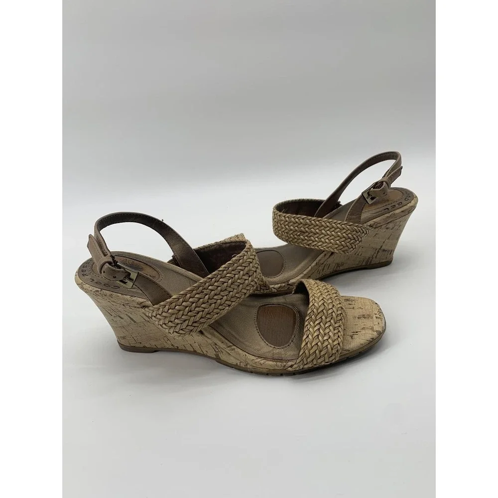 LifeStride Persona Tan Woven Wedge Sandals Womens 8.5M Cork Slingback Bronze